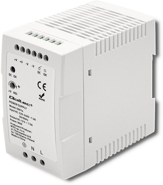 Zasilacz Qoltec na szynę DIN 90 W, 12 V, 7,5 A, Slim White (50914) (5901878509143) - obraz 1