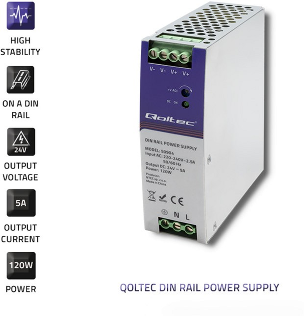 Блок живлення на DIN-рейку Qoltec 120 Вт, 24 В, 5А (50904) (5901878509044) - зображення 6