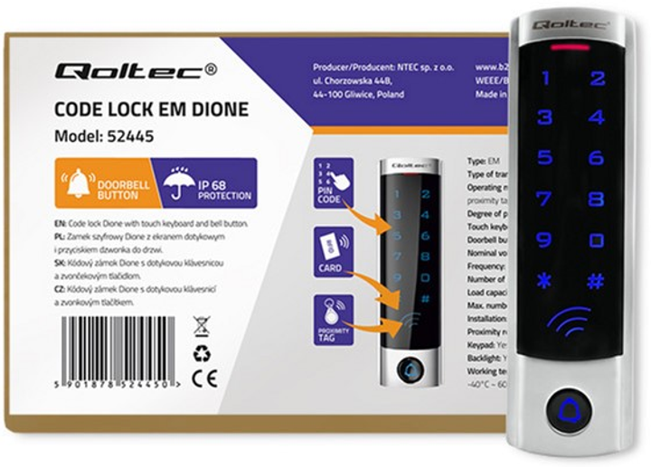 Кодовий замок Qoltec Dione з RFID-зчитувачем, IP68, ЕМ, Slim (52445) (5901878524450) - зображення 4