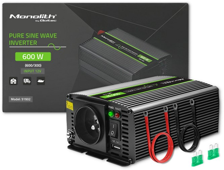 Przetwornica samochodowa Qoltec Monolith 300W/600W 12V na 230V czysty sinus (51932) (5901878519326) - obraz 10