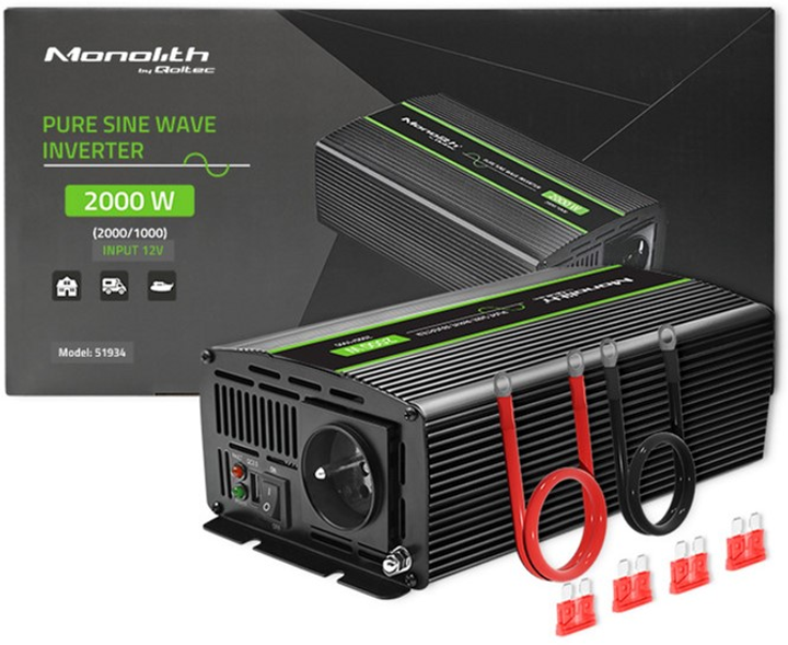 Автомобільний інвертор Qoltec Monolith 1000 Вт/2000 Вт, 12 В на 230 В, Чистий синус (51934) (5901878519340) - зображення 10