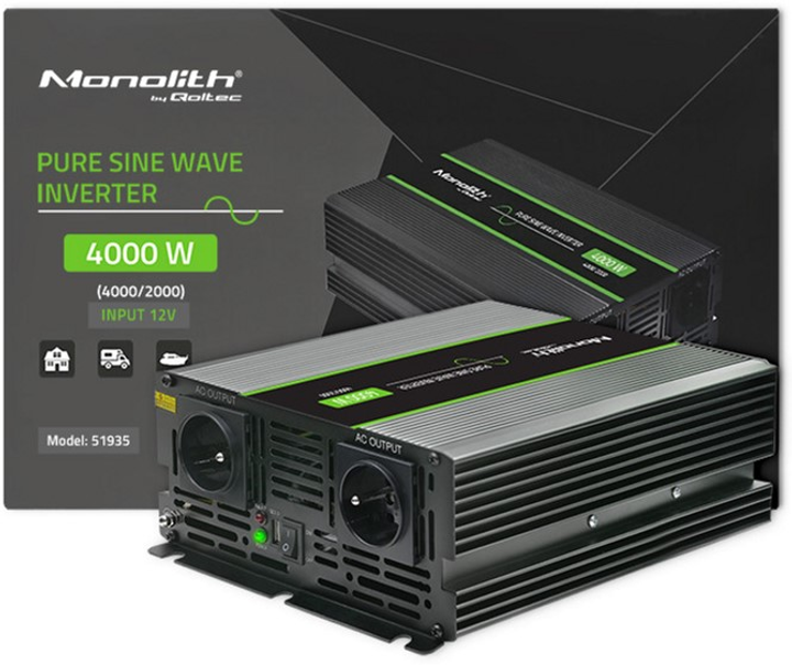 Автомобільний інвертор Qoltec Monolith 2000 Вт/4000 Вт, 12 В на 230 В, Чистий синус (51935) (5901878519357) - зображення 8