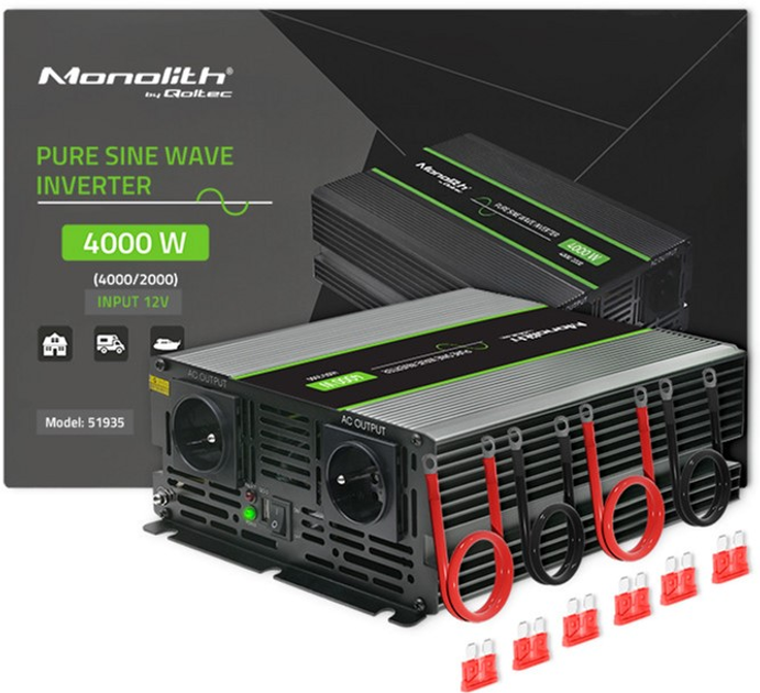 Автомобільний інвертор Qoltec Monolith 2000 Вт/4000 Вт, 12 В на 230 В, Чистий синус (51935) (5901878519357) - зображення 9
