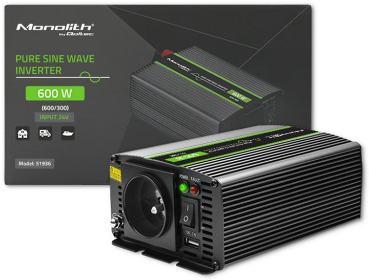Przetwornica samochodowa Qoltec Monolith 300W/600W 24V na 230V czysty sinus (51936) (5901878519364) - obraz 9