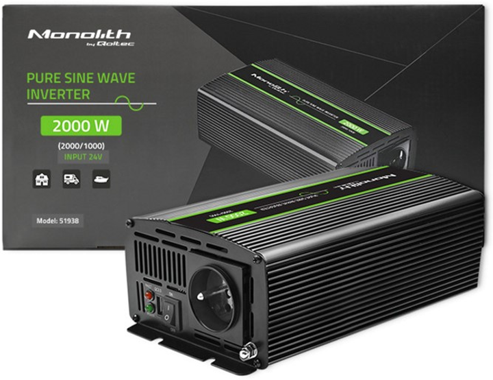 Автомобільний інвертор Qoltec Monolith 1000 Вт/2000 Вт, 24 В на 230 В, Чистий синус (51938) (5901878519388) - зображення 9