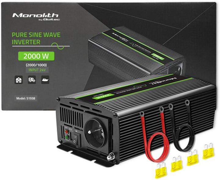 Автомобільний інвертор Qoltec Monolith 1000 Вт/2000 Вт, 24 В на 230 В, Чистий синус (51938) (5901878519388) - зображення 10