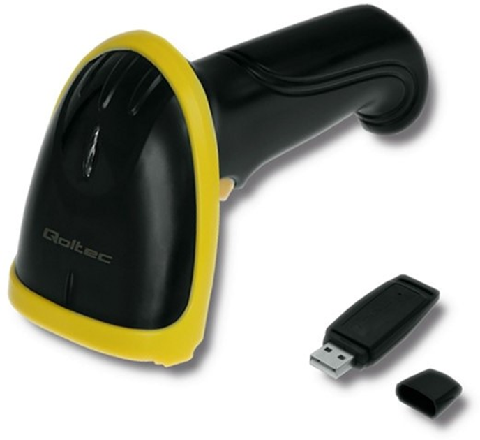 Сканер штрих-кодів Qoltec Wireless Laser 1D, 2.4 ГГц Чорний з жовтим (50862) (5901878508627) - зображення 2