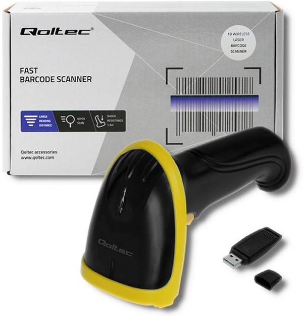 Сканер штрих-кодів Qoltec Wireless Laser 1D, 2.4 ГГц Чорний з жовтим (50862) (5901878508627) - зображення 5