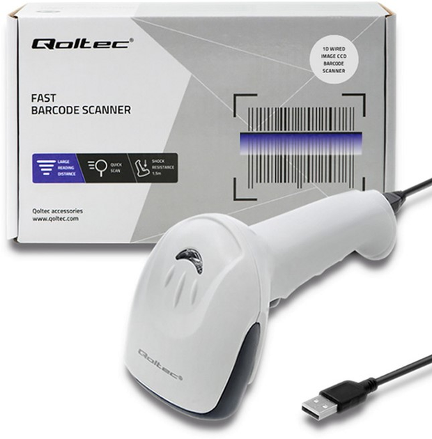 Skaner kodów kreskowych Qoltec Laser 1D, CCD, USB Biały (50863) (5901878508658) - obraz 6