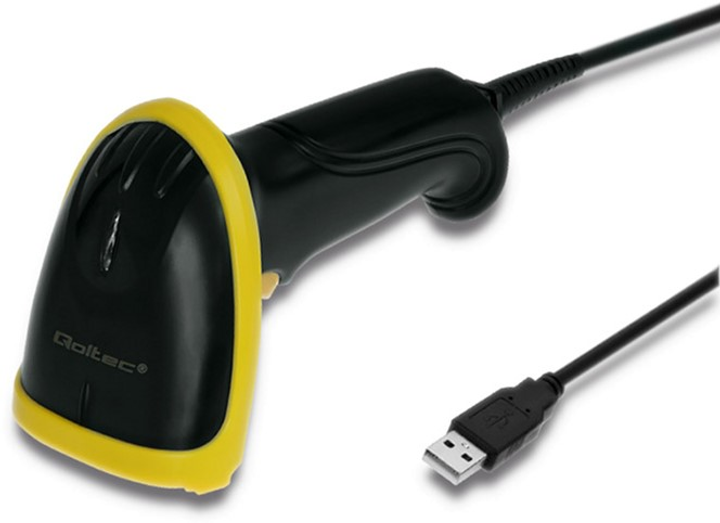 Skaner kodów kreskowych Qoltec Laser 1D, 2D, USB Czarny z żółtym (50867) (5901878508672) - obraz 2