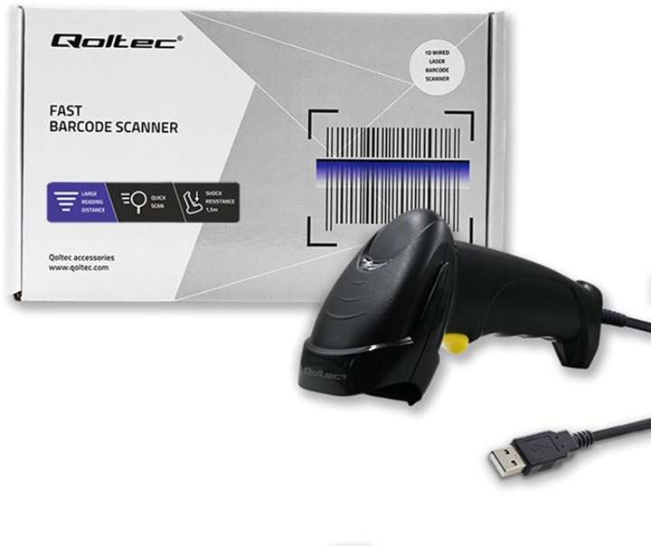Сканер штрих-кодів Qoltec Laser 1D, USB Чорний (50876) (5901878508764) - зображення 7