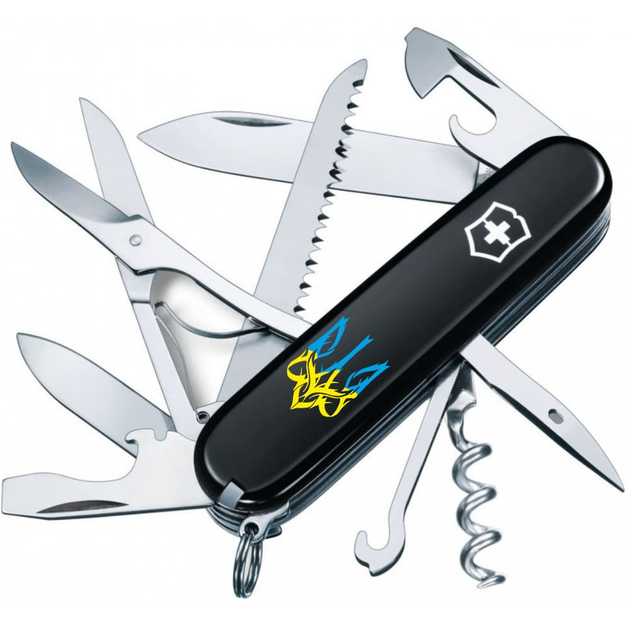 Ніж складаний 91 мм, 15 функцій Victorinox HUNTSMAN UKRAINE Чорний/Трезубець готичний синьо-жовтий - зображення 1