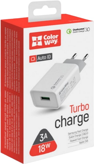 Зарядний пристрій для телефона ColorWay USB Quick Charge 3.0 White (4823108602305) - зображення 1