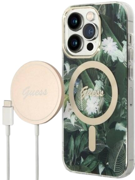 Etui + Ładowarka Guess Jungle MagSafe do Apple iPhone 14 Pro Green (3666339103279) - obraz 1