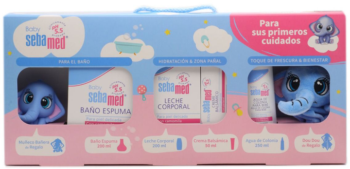 Zestaw dla dzieci Sebamed Woda kolońska For Your First Care 250 ml + Pianka do kąpieli 200 ml + Mleczko do ciała 200 ml + Krem łagodzący 50 ml + Ręcznik + Zabawka (8425091200313) - obraz 1