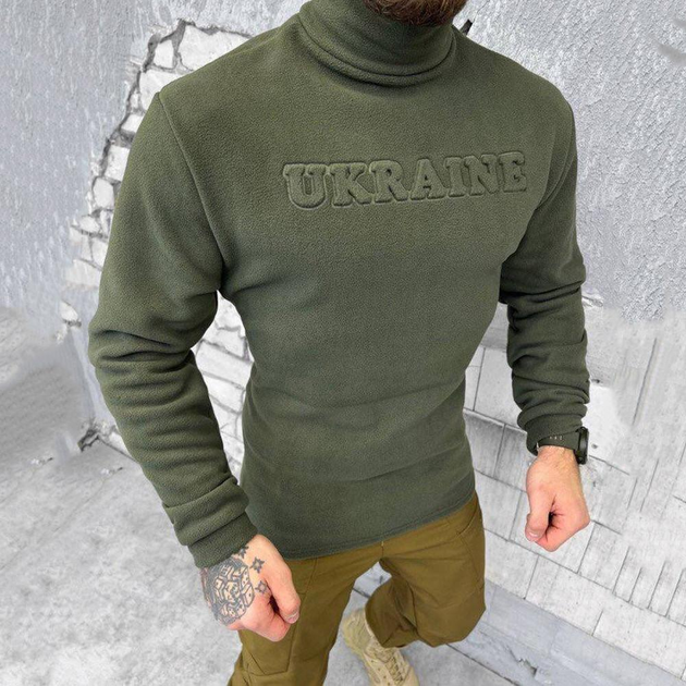 Мужской Флисовый Гольф с принтом "Ukraine" / Плотная Водолазка олива размер S - изображение 2