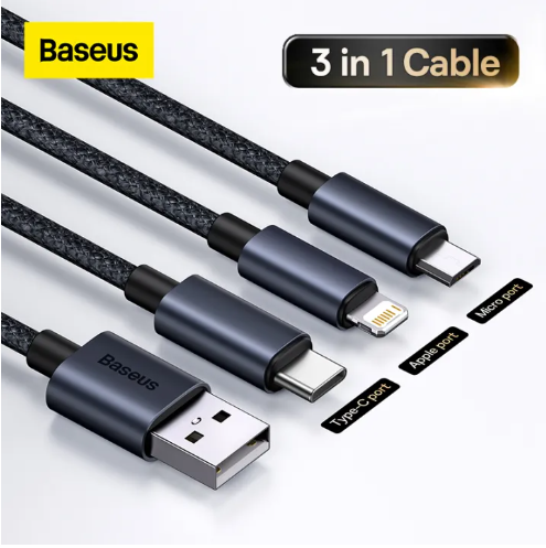 Кабель зарядный Baseus 3-in-1 MicroUSB/Lightning/Type-C Black 1.2 м (YM0602) - Фото 2 Кабель зарядный Baseus 3-in-1 MicroUSB/Lightning/Type-C Black 1.2 м (YM0602) - зображення 2