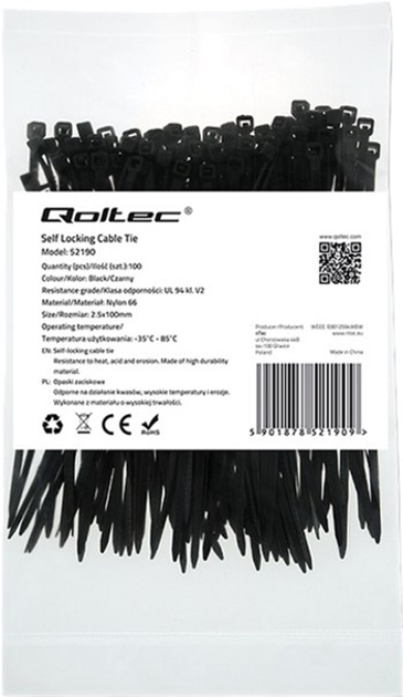 Кабельні стяжки Qoltec Nylon UV 2.5 x 100 мм 100 шт Black (5901878521909) - зображення 1