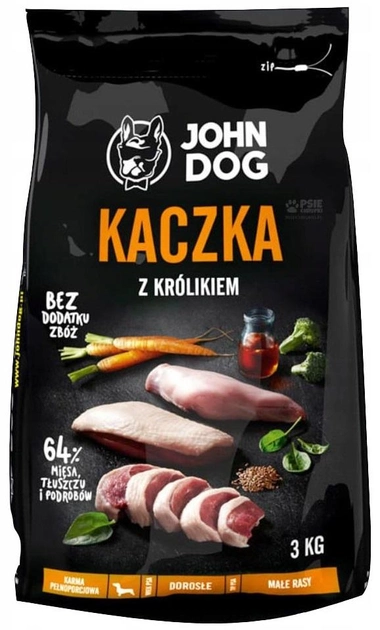 Sucha karma dla psów malych ras John Dog Premium Kaczka z krolikiem 3 kg (5903246847451) - obraz 1