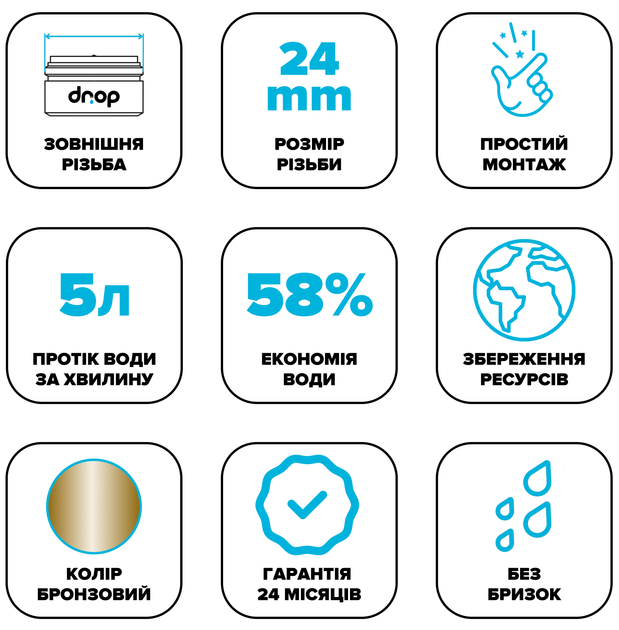 Водозберігаючий аератор DROP CL24-BRN для змішувача - Економія 58%, зовнішня М 24 мм, бронзовий - зображення 6