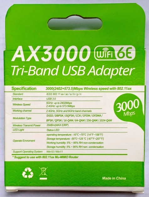 Адаптер WiFi 6E 160MHz 3000 МБіт/с RTL8832CU USB3.0 802.11AX Mu-MIMO 1024-QAM 2х5 дБ - зображення 6