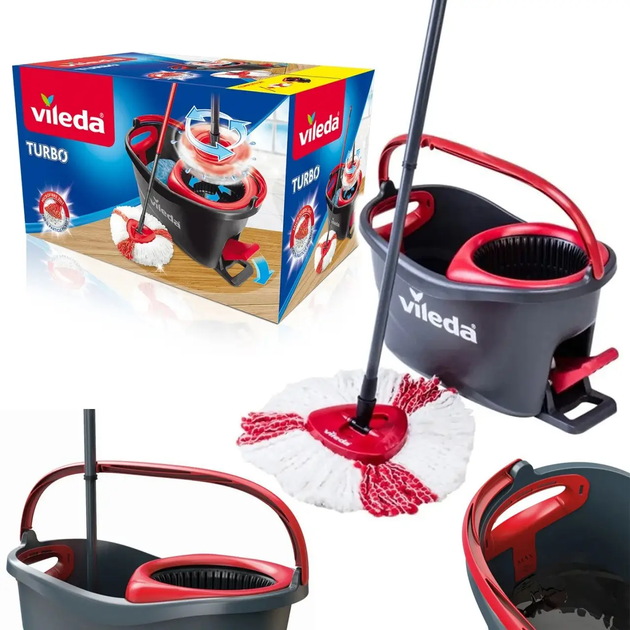 Набор для уборки Vileda Easywring&Clean Turbo ведро с педальным механизмом отжима 6 л + телескопическая швабра 55-130 см Черный с красным - Фото 3 Набор для уборки Vileda Easywring&Clean Turbo ведро с педальным механизмом отжима 6 л + телескопическая швабра 55-130 см Черный с красным - изображение 3