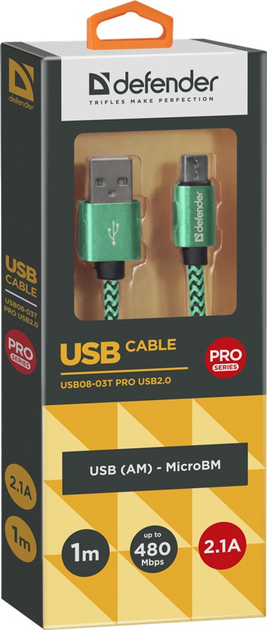 Кабель Defender USB08-03T Pro USB 2.0 AM-MicroBM 1 м Green (4714033878043) - зображення 1
