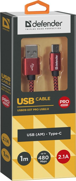 Kabel Defender USB09-03T Pro USB 2.0 AM-Type-C 1 m Czerwony (4714033878135) - obraz 1