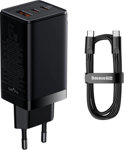 Мережевий зарядний пристрій Baseus GaN3 Pro Fast Charger 2C + U Cable 65W Type-C to Type-C 100W 20V/5A 1 м Black (CCGP050101) - зображення 1