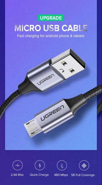 Зарядний кабель Ugreen Micro USB 2.0 5V2.4A 0.25M Black (US290) - Фото 2 Зарядний кабель Ugreen Micro USB 2.0 5V2.4A 0.25M Black (US290) - зображення 2