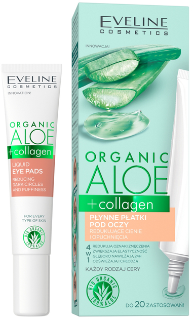 Płynne płatki pod oczy Eveline Cosmetics Organic Aloe + Collagen redukujące cienie i opuchnięcia 4 w 1 20 ml (5903416004752) - obraz 1