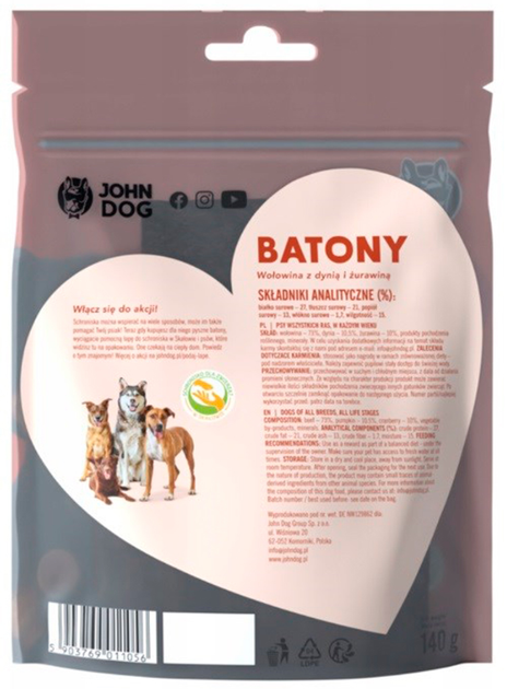 Przysmak dla psów John Dog Podaj Lape Batony z wołowiną, dynią i żurawiną 140 g (5903769011056) - obraz 2