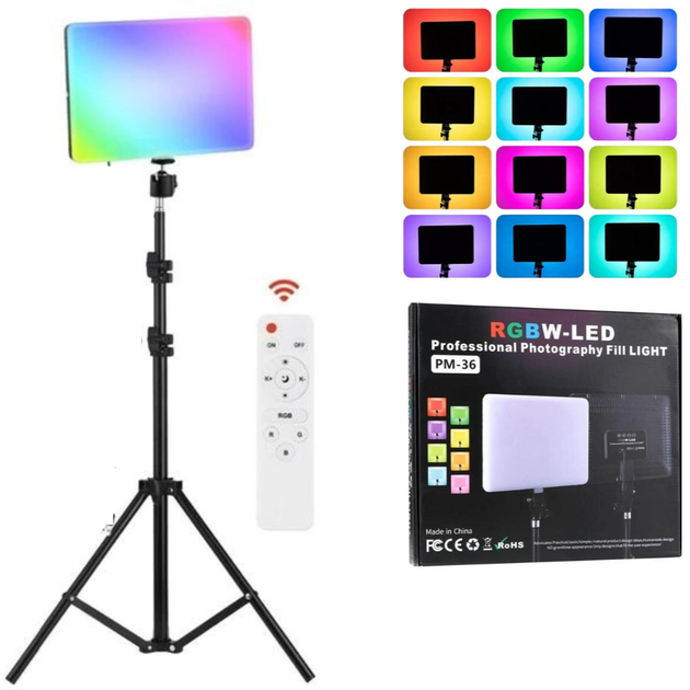 Світлодіодна панель Camera Light PM-36 RGB 50 Вт 36×25 см з пультом та штативом, 3000–6500K Ra95+ (4E988526156F) - Фото 1 Світлодіодна панель Camera Light PM-36 RGB 50 Вт 36×25 см з пультом та штативом, 3000–6500K Ra95+ (4E988526156F) - зображення 1