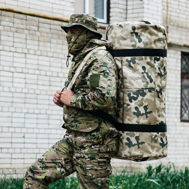 Військова сумка баул, армійський баул Оксфорд пісочний мультикам 120 л тактичний баул, тактичний баул-рюкзак - зображення 1