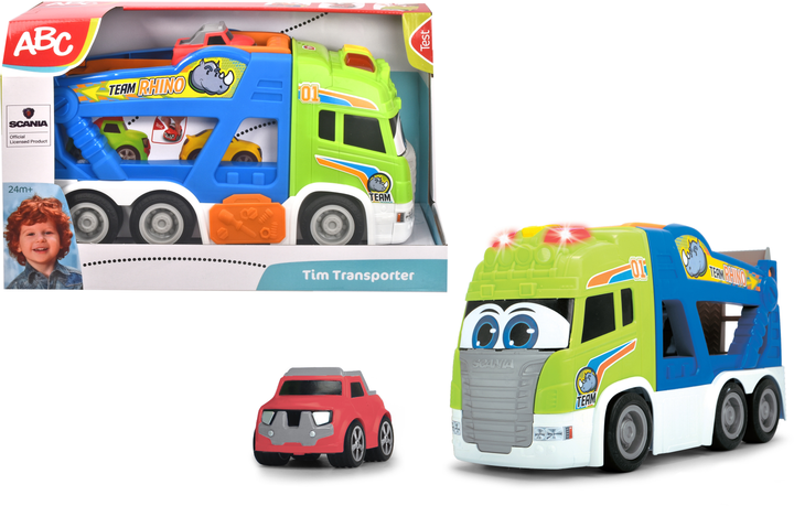 Transporter ABC Dickie Toys "Scania.Tim" z miękkim autem, z efektami dźwiękowymi i świetlnymi 42 cm (204117000) - obraz 2