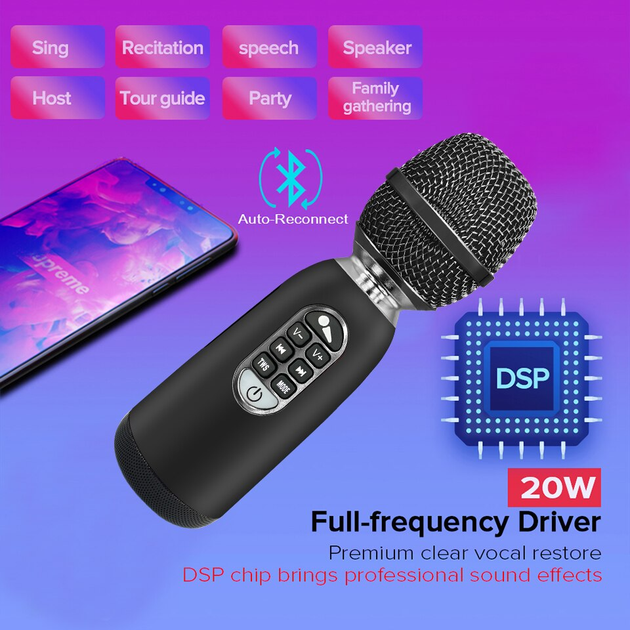 Портативный черный блютуз караоке микрофон MicMagic L-1238 беспроводной 20 Вт, Bluetooth микрофон для пения - изображение 6