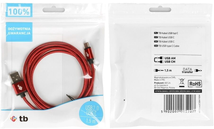 Kabel TB USB Type-A – USB Type-C 1.5 m Red (5902002065207) - obraz 3