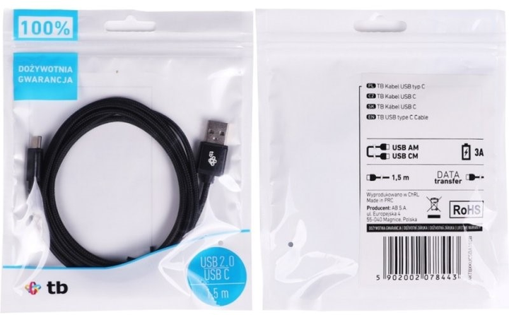 Kabel TB USB Type-A – USB Type-C 1.5 m Black (5902002078443) - obraz 3