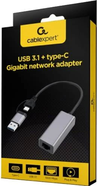 Адаптер USB-C + USB 3.1 (M) do RJ-45 (F) Gembird A-USB3AC-LAN-01 (8716309128186) - зображення 2