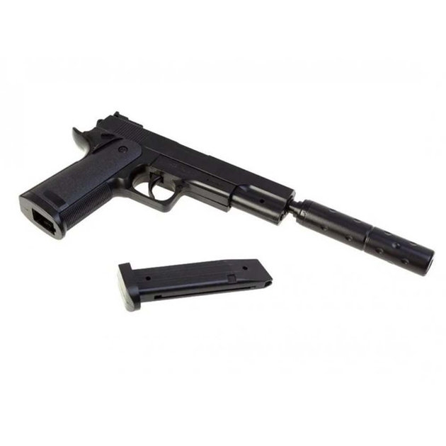 Детский страйкбольный пистолет Colt 1911 с пластиковым глушителем Galaxy G053B механический - изображение 1