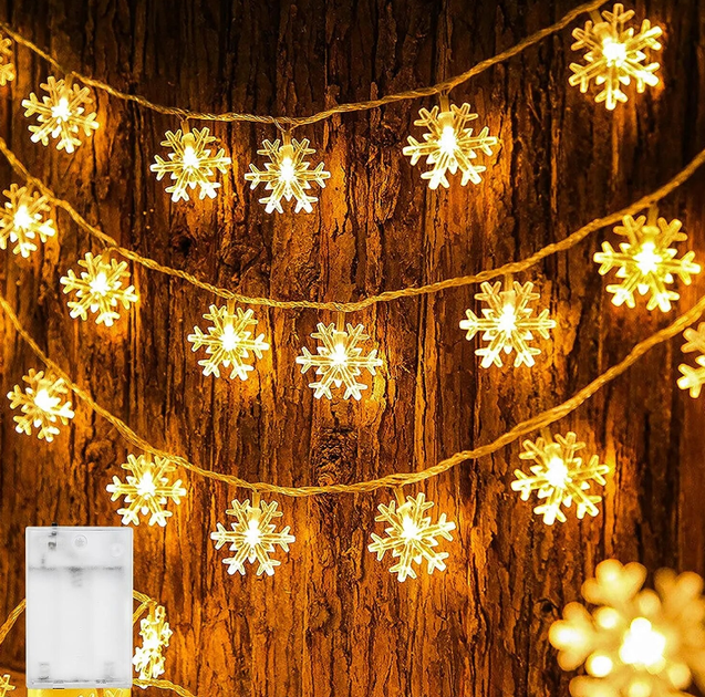 Гірлянда на батарейках Oobest Snowflake Light String Christmas Tree Lamp Сніжинки 20 LED ламп 3 м Теплий білий - зображення 2