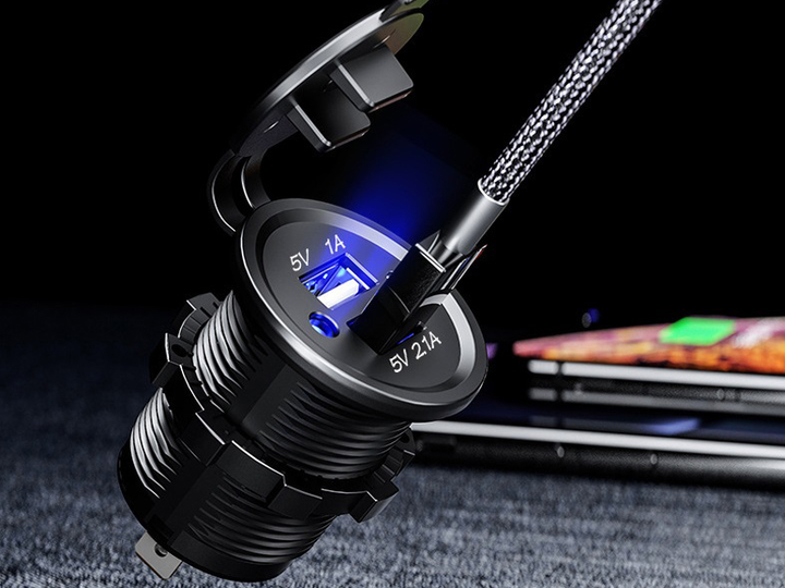 Гнездо под 2 USB DC 12-24V/5V 2,1-1A, синий индикатор с резьбой - изображение 4
