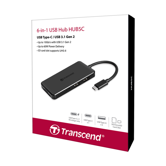 Hub USB Transcend 6-in-1 USB 3.1 Type-C Czarny (TS-HUB5C) - obraz 6
