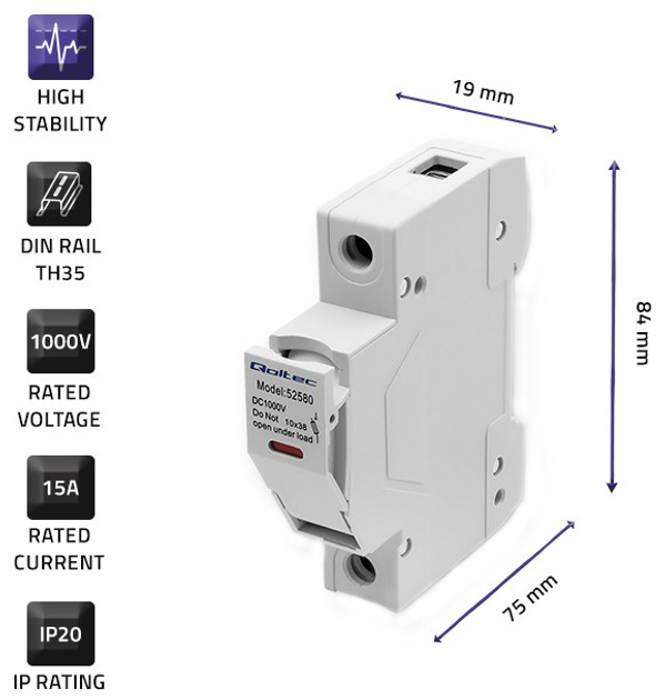 Podstawa bezpiecznikowa Qoltec Solar z diodą i bezpiecznikiem DC 1P 1000V 15A 10x38 (5901878525808) - obraz 8
