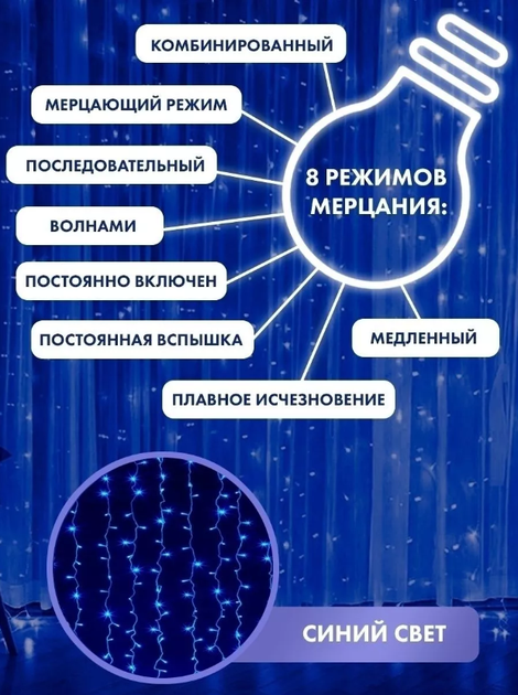 Праздничная светящаяся гирлянда " Штора " на окно или карниз 160LED 2х2м свет диодов Синий - Фото 4 Праздничная светящаяся гирлянда " Штора " на окно или карниз 160LED 2х2м свет диодов Синий - изображение 4