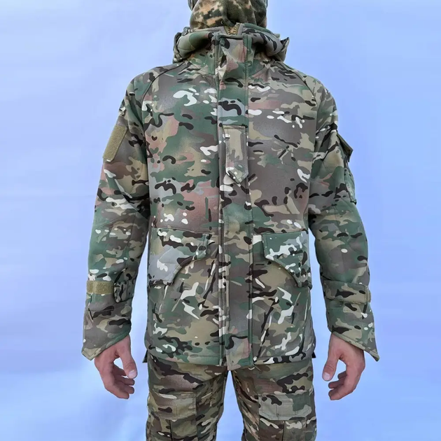 Тактическая военная куртка теплая Multicam софтшел, армейская, мембранная, водоотталкивающая, ветронепроницаемая с флисовой подкладкой, пальто с капюшоном, бомбер, бушлат, мультикам р.5XL - изображение 1