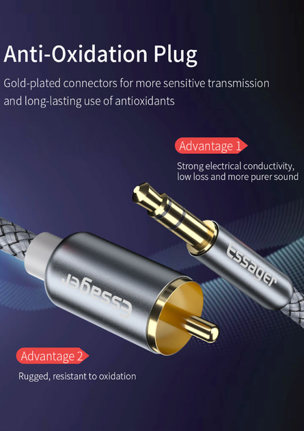 Кабель AUX - 2RCA (тато-тато) ESSAGER jack 3.5 мм 2м - зображення 4