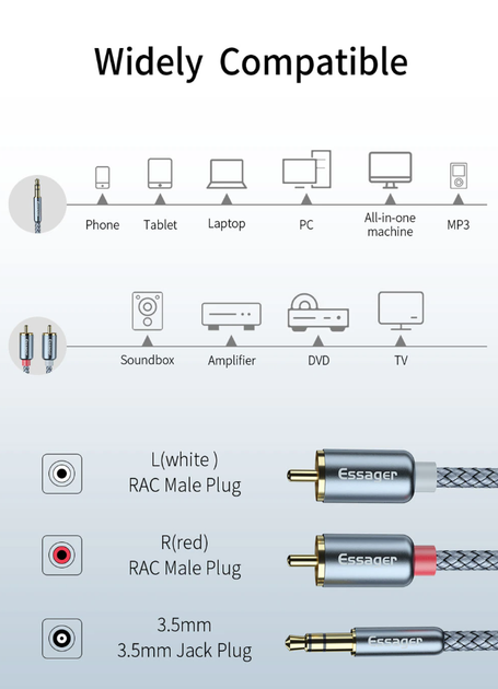 Кабель AUX - 2RCA (тато-тато) ESSAGER jack 3.5 мм 2м - зображення 9