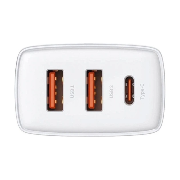 Мережевий зарядний пристрій Baseus 2USB Type-C 3A QC3.0 PD3.0 потрійний адаптер 30W з швидкою зарядкою, Білий - Фото 3 Мережевий зарядний пристрій Baseus 2USB Type-C 3A QC3.0 PD3.0 потрійний адаптер 30W з швидкою зарядкою, Білий - зображення 3