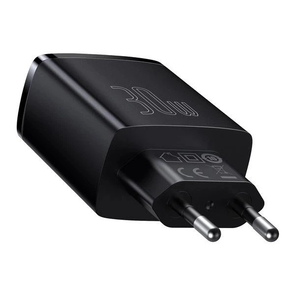Мережевий зарядний пристрій Baseus 2USB Type-C 3A QC3.0 PD3.0 потрійний адаптер 30W з швидкою зарядкою, Чорний - зображення 5